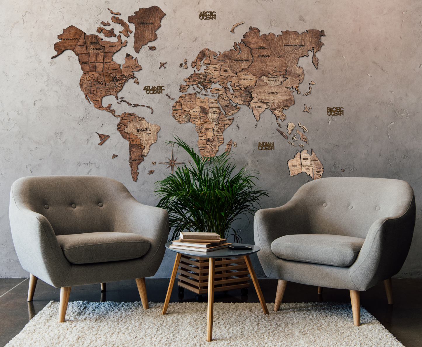 3D Wood World Map ダークウォルナット 木製世界地図 【南極大陸なし】【約1週間で納品】【セール品は在庫なくなり次第終了】