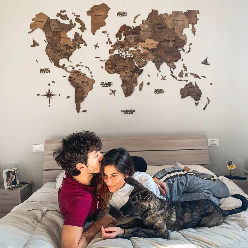 3D Wooden World Map ダークウォルナット 木製世界地図[受注生産品：約2か月で出荷]