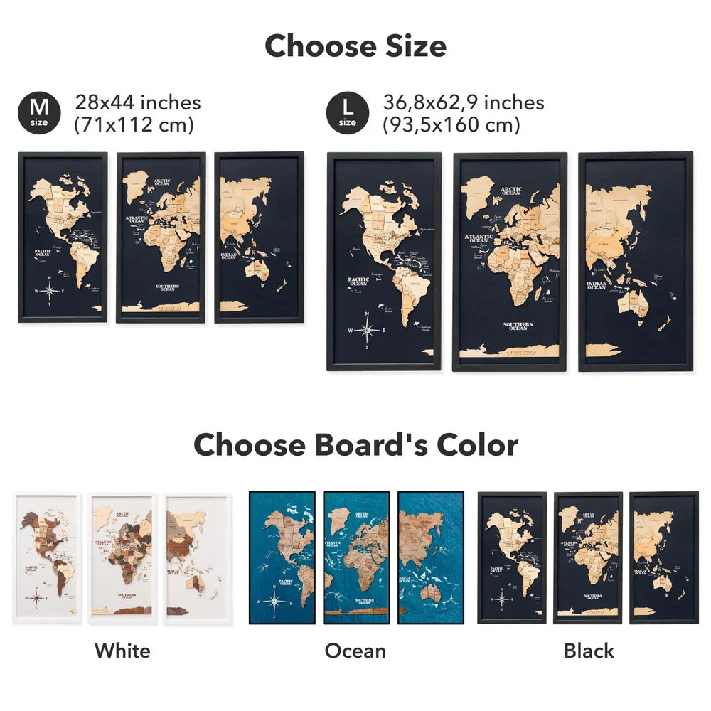 3D Wooden World Map on Board トリプティック ライトブラウンカラー[受注生産品：約2か月で出荷]