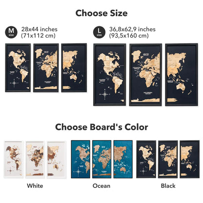 3D Wooden World Map on Board トリプティック ライトブラウンカラー[受注生産品：約2か月で出荷]