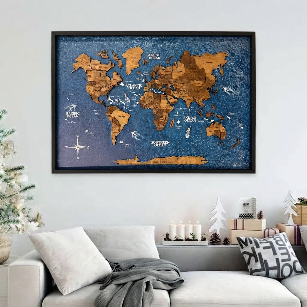 3D Wooden World Map on Board シングルパネル オークカラー x オーシャン 【約1週間で出荷】【在庫限りで販売終了予定】