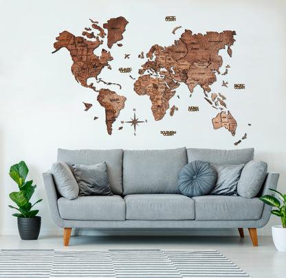 3D Wood World Map ダークウォルナット 木製世界地図 【南極大陸なし】【約1週間で納品】【セール品は在庫なくなり次第終了】