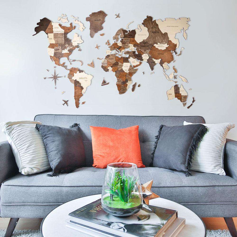 3D Wooden World Map マルチカラー 木製世界地図【南極大陸なし】【約1週間で納品】【セール品は在庫なくなり次第終了】