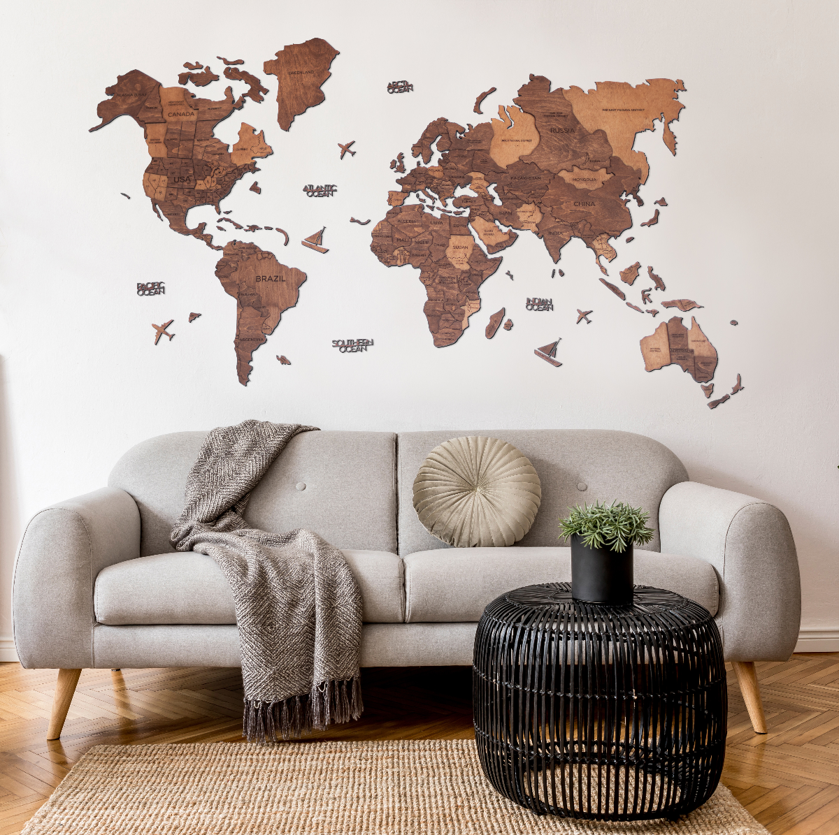 3D Wood World Map オークカラー 木製世界地図 【南極大陸なし】【約1週間で納品】【セール品は在庫なくなり次第終了】