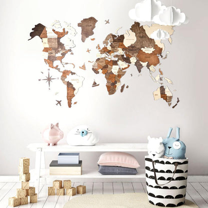 3D Wooden World Map マルチカラー 木製世界地図【南極大陸なし】【約1週間で納品】【セール品は在庫なくなり次第終了】
