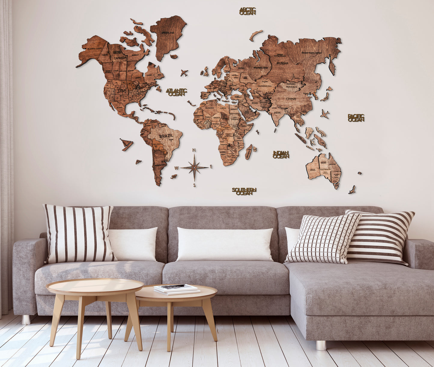 3D Wood World Map ダークウォルナット 木製世界地図 【南極大陸なし】【約1週間で納品】【セール品は在庫なくなり次第終了】