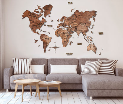 3D Wood World Map ダークウォルナット 木製世界地図 【南極大陸なし】【約1週間で納品】【セール品は在庫なくなり次第終了】